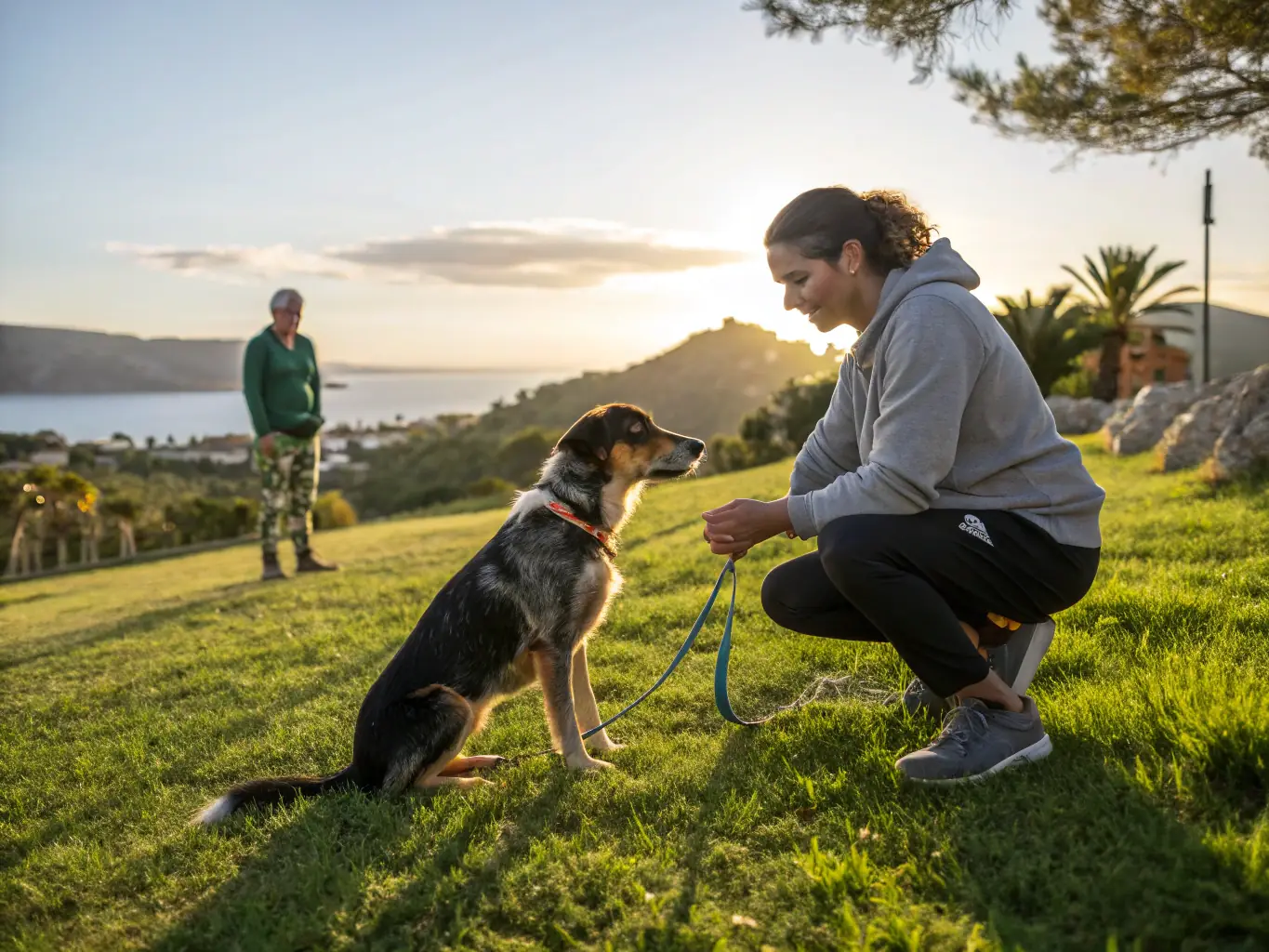 A professional trainer is guiding a hunting dog through an agility course, demonstrating techniques for improving the dog's responsiveness and obedience.