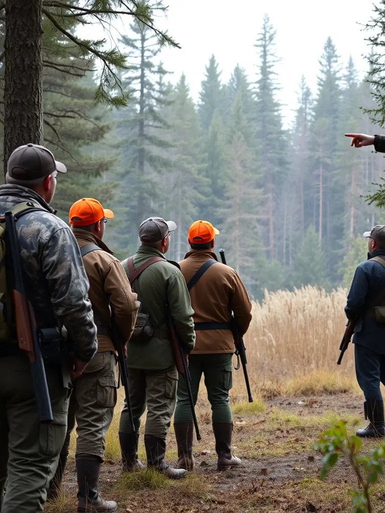 A group of hunters attentively listening to an instructor during a training session on responsible hunting practices.