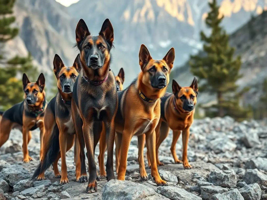 A group of hunting dogs are shown in action during a hunting trial in the Grands Causses region, showcasing their tracking and hunting skills in a natural environment.